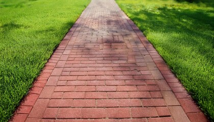 Canvas Print - straight red brick path in a lawn