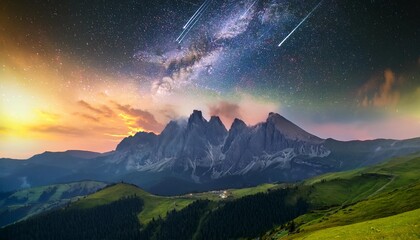 Wall Mural - milky way over the beautiful mountains with lightning at night in summer colorful landscape with bright starry sky with milky way