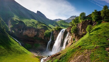 Sticker - beautiful waterfall cascading down a rugged mountain landscape waterfall mountains nature scenic cascading