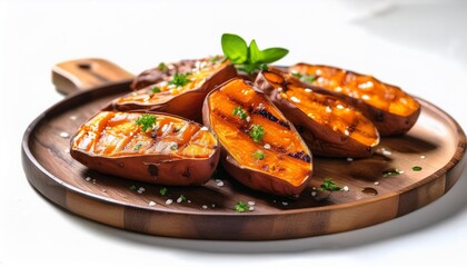 grilled or baked japanese sweet potatoes on wood plate