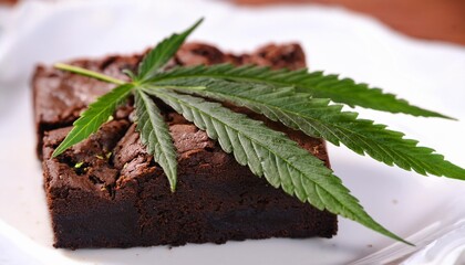 Wall Mural - pot brownie hemp cannabis leaves on chocolate brownie