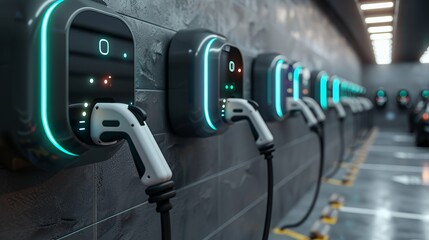 Wall Mural - A row of electric vehicle charging stations with illuminated displays and cables.