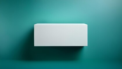 minimalist rectangular white block positioned on a teal surface with a smooth teal backdrop and soft lighting