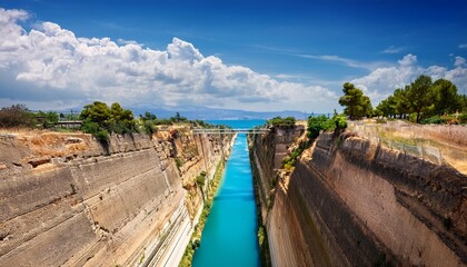 Sticker - beautiful landscape of the corinth canal in a bright sunny day against a blue sky with dramatic clouds