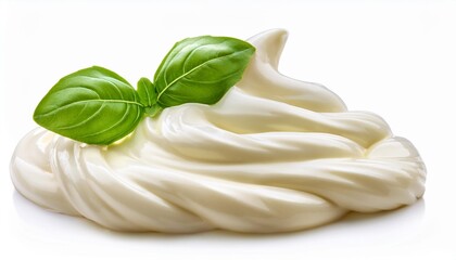 Wall Mural - creamy white swirled mayonnaise with green basil leaves cut out