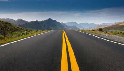 an asphalt road with a yellow dividing strip leads into the distance mountain landscape in the background ai generated