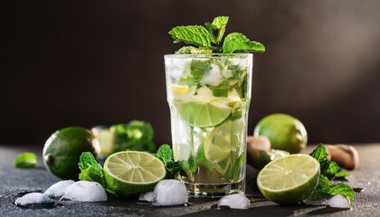 Wall Mural - a glass of mojito with limes and mint on a dark background with ice and limes around it