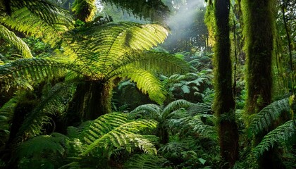 deep tropical rainforest with green plants moss ferns