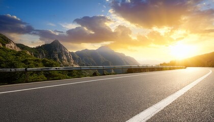 Sticker - asphalt highway road and green mountain with sky clouds at sunset