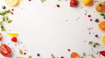 Poster - Bright white surface with scattered food elements, leaving ample space for text or design.