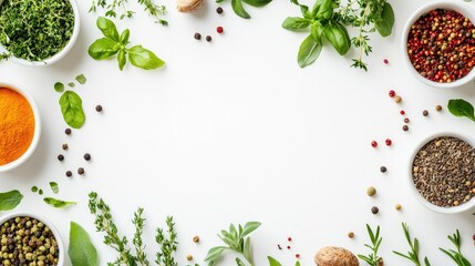 Bright white table with fresh herbs and spices placed at the edges, providing a clean backdrop with copy space.