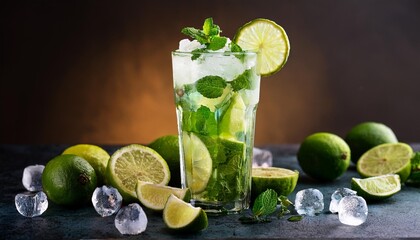 Wall Mural - a glass of mojito with limes and mint on a dark background with ice and limes around it