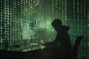 Aufkleber - A hacker in a hoodie diligently types on a computer in a dark room, surrounded by streams of green code on a large screen. Generative AI