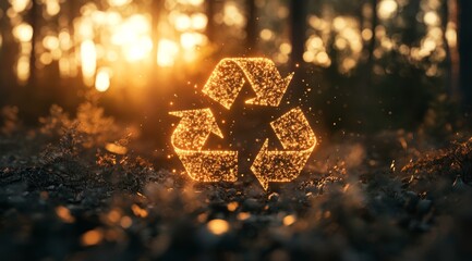 A circular economy icon emphasizes recycling and renewable resources in a peaceful landscape, promoting sustainability and raising awareness of important ecological issues impacting our planet