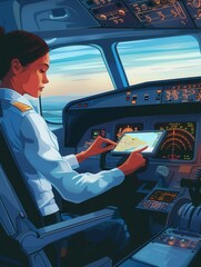 Poster - A flight attendant expertly manages a digital tablet while piloting an aircraft as the sun sets, illuminating the cockpit's controls and displays. Generative AI