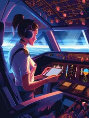 Poster - A flight attendant reviews flight information on a tablet while seated in the cockpit, surrounded by illuminated flight instruments and controls. Generative AI