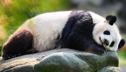 adorable giant panda bear sleeping on rock