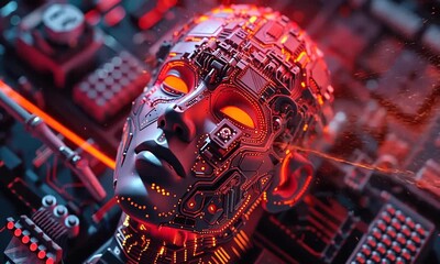 Poster - Exploring the futuristic design of a robotic head with glowing features in a tech-filled environment. Generative AI