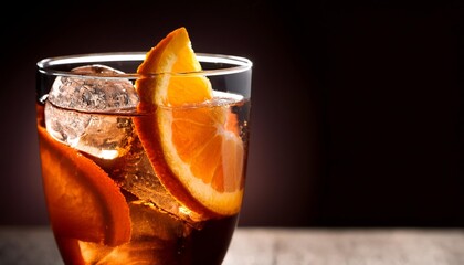 Poster - a close up of a drink in a glass with ice and orange slices on a table with a dark background