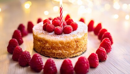 a close up photo of a cake on a table with a candle in its center surrounded by fresh red raspberries