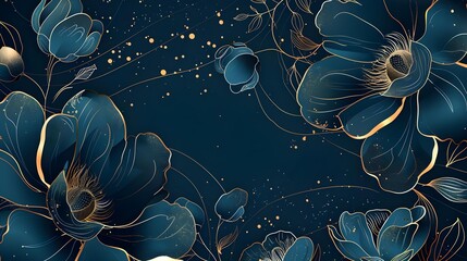 Wall Mural - Luxury floral blue abstract background with gold hand