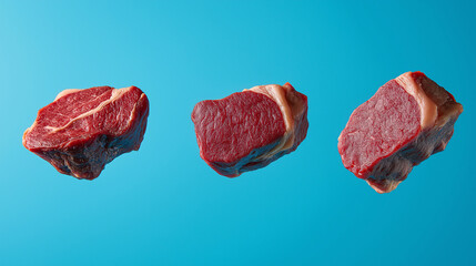 Raw Beef Steaks Floating Against a Blue Background Showcasing Freshness and Quality