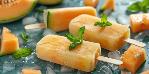 Wall Mural - Melon ice cream popsicle with cantaloupe slices and mint leaves