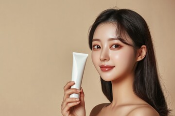 body and skin cream promotion concept with korean celebrity idol woman holding generic tube of cream