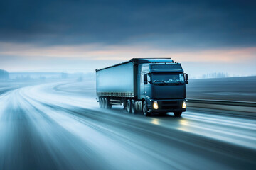 Wall Mural - A transport truck captured speeding along an empty industrial road, with motion blur enhancing the sense of speed, focusing on fast and reliable logistics