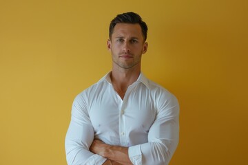 Wall Mural - cropped view of a fit man confidently presenting, solid color backdrop highlighting both his intelli