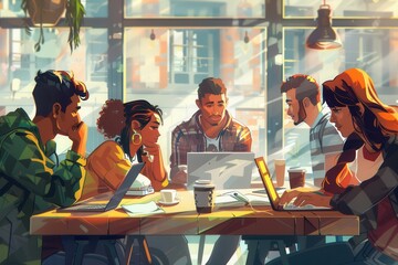 Poster - A group of young entrepreneurs engages in collaborative work, sharing ideas over coffee and laptops in a bustling cafe. Generative AI