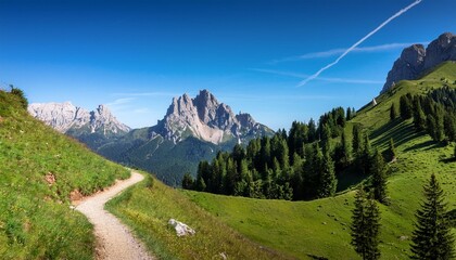 Poster - scenic mountain landscape with a winding trail towering peaks lush forest and clear blue sky perfect for outdoor adventure and nature enthusiasts