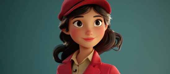 Wall Mural - 3D Cartoon of a Charming Young Lady in a Red Coat and Silly Hat