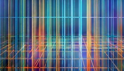 Wall Mural - a cage of thin stripes of shades purple light green orange on a blue background light blue squares dilute the stripes