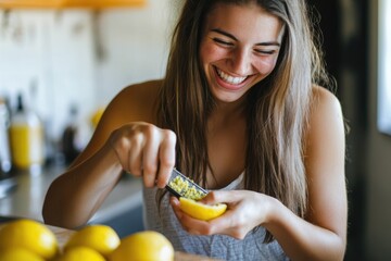 Happy woman in a modern kitchen, grating lemon zest with a smile, enjoying the process of adding a burst of flavor to her homemade dish