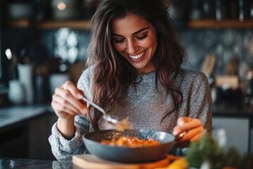 A beautiful woman in a cozy kitchen, seasoning a dish with a smile, savoring the experience of cooking a flavorful meal at home