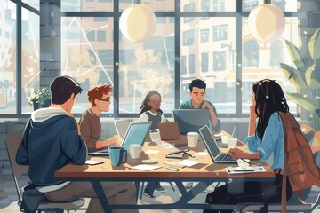 Aufkleber - A group of young entrepreneurs brainstorm and work together in a bustling café surrounded by laptops and coffee cups. Generative AI