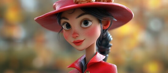 Wall Mural - 3D Cartoon of a Charming Young Lady in a Red Coat and Silly Hat