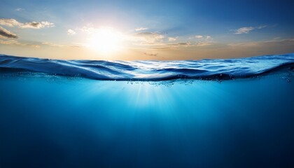 Wall Mural - blue sea or ocean water surface and underwater against sunset