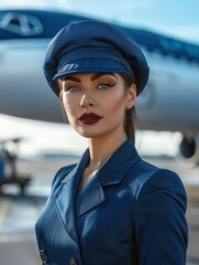 Poster - A flight attendant in a blue uniform poses proudly before a parked airplane at the airport under clear skies. Generative AI