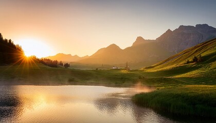 Wall Mural - peaceful mountain retreat at sunrise or sunset misty hills soft glowing light tranquil lake