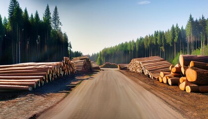 logging road with timber stacks on a clearcutting