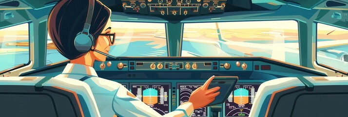 Poster - The flight attendant is seated in the cockpit, checking instruments while preparing for takeoff, with a clear view of the runway ahead. Generative AI