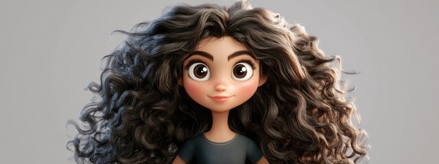 Wall Mural - 3D Cartoon of a Cute Girl with Long Curly Hair