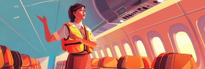 Poster - A stewardess informs passengers about safety protocols while standing in the aisle of an airplane, emphasizing the importance of preparedness. Generative AI