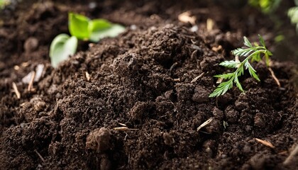 close up of rich dark compost soil with organic matter and small plant debris texture highlighting nutrient rich composition ideal for gardening and plant growth