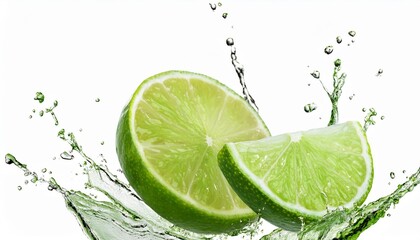 slices of lime in a splash of water isolated