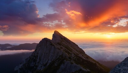 Poster - a single mountain peak stands tall against a colorful sky filled with clouds during sunset