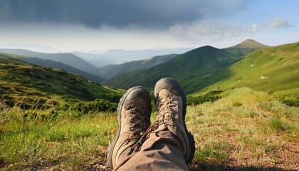 Wall Mural - foot of a trekker relaxing in a wild landscape in summer with hills and mountains