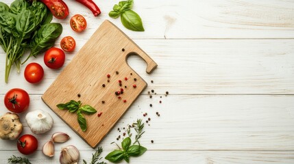 Poster - Wooden cutting board on a light wood surface, surrounded by fresh ingredients with space for text.